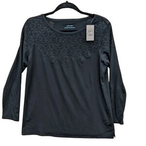 NWT J.Jill Women's Black Long-Sleeve Supima Cotton Embroidered Lace Sleep Top Sm